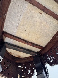 A Chinese finely carved hongmu marble top oval table, Canton, 19th C.