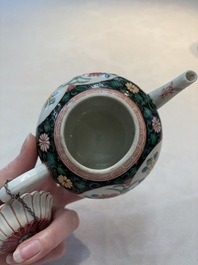 A Chinese famille rose black-ground teapot and stand with floral design, Yongzheng/Qianlong