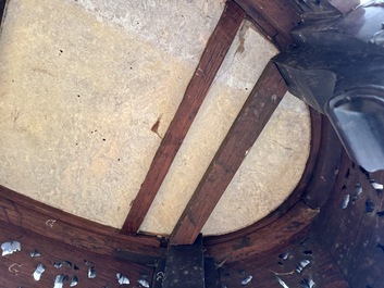 A Chinese finely carved hongmu marble top oval table, Canton, 19th C.