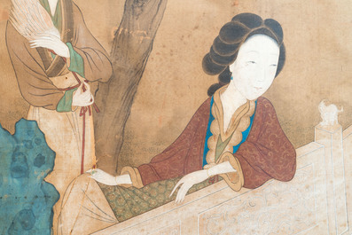 In the manner of Wang Zhenpeng 王振鵬 (Yuan): 'Two ladies in the garden', ink and colour on silk, Qing