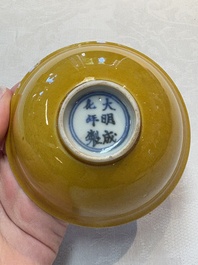A Chinese yellow-glazed bowl and a sancai-glazed conical bowl, Chenghua mark, 19/20th C.