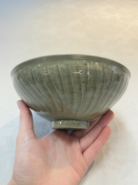 Two Chinese Yaozhou celadon bowls with anhua floral design, Song/Yuan