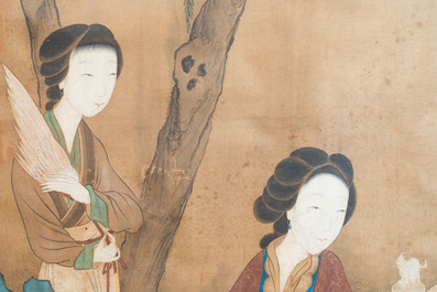 In the manner of Wang Zhenpeng 王振鵬 (Yuan): 'Two ladies in the garden', ink and colour on silk, Qing