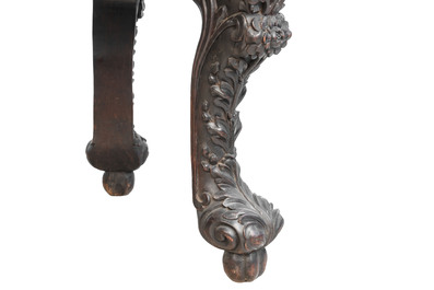 A Chinese finely carved hongmu marble top oval table, Canton, 19th C.