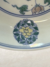A Chinese doucai plate with stylized floral design, Chenghua mark, Kangxi/Yongzheng