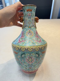 An imperial Chinese turquoise-ground famille rose 'chilong and flower scrolls' vase, Jiaqing mark and of the period