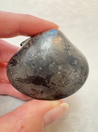 A small Chinese silver clam-shaped box with animals design, Tang/Song