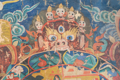 A Tibetan thangka depicting the Wheel of Life, Bhavacakra, 19th C.