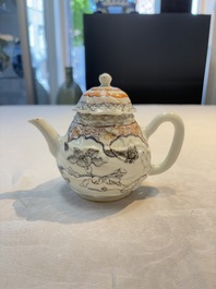 A Chinese rose-grisaille molded teapot with floral design, Yongzheng/Qianlong