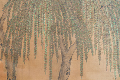 In the manner of Wang Zhenpeng 王振鵬 (Yuan): 'Two ladies in the garden', ink and colour on silk, Qing