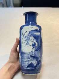 A Chinese blue and white powder-blue-ground 'Zhang Qian Cheng Cha 張騫乘槎' rouleau vase, Kangxi