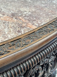 A Chinese finely carved hongmu marble top oval table, Canton, 19th C.