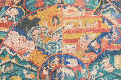 A Tibetan thangka depicting the Wheel of Life, Bhavacakra, 19th C.