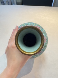 An imperial Chinese turquoise-ground famille rose 'chilong and flower scrolls' vase, Jiaqing mark and of the period