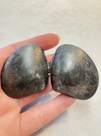 A small Chinese silver clam-shaped box with animals design, Tang/Song