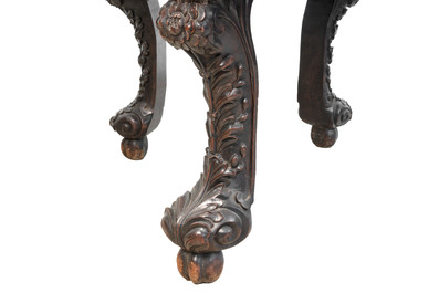 A Chinese finely carved hongmu marble top oval table, Canton, 19th C.