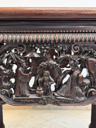 A Chinese finely carved hongmu marble top oval table, Canton, 19th C.