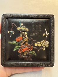 A Chinese hardstone, mother-of-pearl and silver embellished zitan box, Zhou Zhi 周製 mark, 18th C.