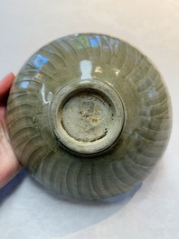 Two Chinese Yaozhou celadon bowls with anhua floral design, Song/Yuan