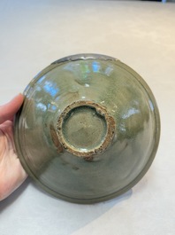 Two Chinese Yaozhou celadon bowls with anhua floral design, Song/Yuan