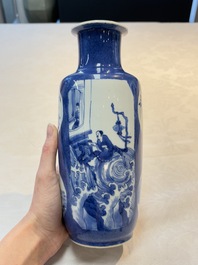 A Chinese blue and white powder-blue-ground 'Zhang Qian Cheng Cha 張騫乘槎' rouleau vase, Kangxi