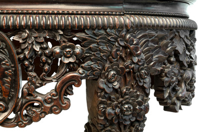 A Chinese finely carved hongmu marble top oval table, Canton, 19th C.