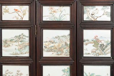 A rare Chinese eight-panel hongmu room divider with 48 qianjiang cai plaques, signed Jia Xingqing 贾醒卿, dated 1902