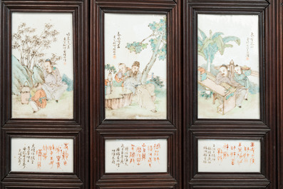 A rare Chinese eight-panel hongmu room divider with 48 qianjiang cai plaques, signed Jia Xingqing 贾醒卿, dated 1902