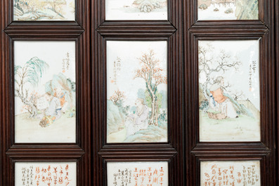 A rare Chinese eight-panel hongmu room divider with 48 qianjiang cai plaques, signed Jia Xingqing 贾醒卿, dated 1902