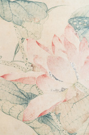 In the manner of Jiang Tingxi 蔣廷錫 (1669 - 1732): 'Mandarin ducks and lotus', ink and colour on silk, 19/20th C.