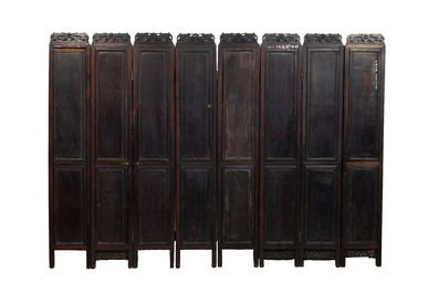 A rare Chinese eight-panel hongmu room divider with 48 qianjiang cai plaques, signed Jia Xingqing 贾醒卿, dated 1902