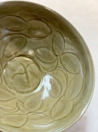 Two Chinese Yaozhou celadon bowls with anhua floral design, Song/Yuan