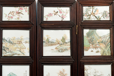 A rare Chinese eight-panel hongmu room divider with 48 qianjiang cai plaques, signed Jia Xingqing 贾醒卿, dated 1902
