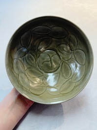 Two Chinese Yaozhou celadon bowls with anhua floral design, Song/Yuan