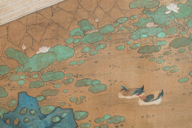 In the manner of Wang Zhenpeng 王振鵬 (Yuan): 'Two ladies in the garden', ink and colour on silk, Qing