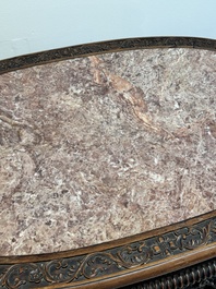 A Chinese finely carved hongmu marble top oval table, Canton, 19th C.