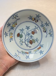 A Chinese doucai 'sanduo' plate,  ingot, brush and ruyi mark, Kangxi/Yongzheng