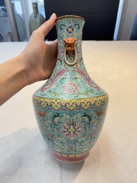 An imperial Chinese turquoise-ground famille rose 'chilong and flower scrolls' vase, Jiaqing mark and of the period