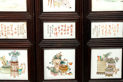 A rare Chinese eight-panel hongmu room divider with 48 qianjiang cai plaques, signed Jia Xingqing 贾醒卿, dated 1902