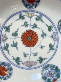 A Chinese doucai plate with stylized floral design, Chenghua mark, Kangxi/Yongzheng