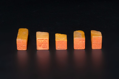 Five small Chinese tianhuang seals with a box, Eryue Xuan 二樂軒, Xinyu 心畬, Fu Ru 溥儒, Jiu Wangsun 舊王孫 and Luoshi Huiguan 羅室會館 mark, 19/20th C.