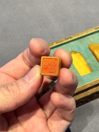 Five small Chinese tianhuang seals with a box, Eryue Xuan 二樂軒, Xinyu 心畬, Fu Ru 溥儒, Jiu Wangsun 舊王孫 and Luoshi Huiguan 羅室會館 mark, 19/20th C.