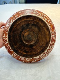 A Chinese iron-red-decorated crackle-glazed  'chilong and lotus scroll' brush washer, 19th C.
