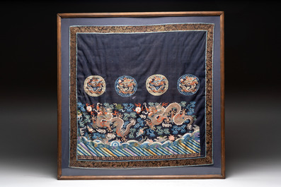 A fine Chinese kesi square 'dragon' panel and two silk embroideries with floral design, 19th C.