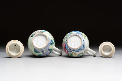 Three fine Chinese famille rose covered milk jugs and a grisaille and iron-red-decorated tea caddy with silver cover, Yongzheng/Qianlong