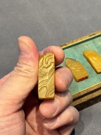 Five small Chinese tianhuang seals with a box, Eryue Xuan 二樂軒, Xinyu 心畬, Fu Ru 溥儒, Jiu Wangsun 舊王孫 and Luoshi Huiguan 羅室會館 mark, 19/20th C.