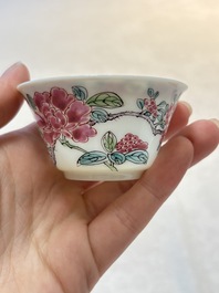 A set of six Chinese famille rose 'peonies' cups and saucers, Yongzheng/Qianlong