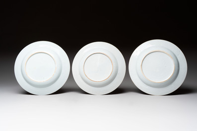 Three Chinese famille rose plates with figures and birds, Yongzheng/Qianlong