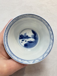 A Chinese blue and white 'Mongolian hunting' cup and saucer, jade mark, Kangxi