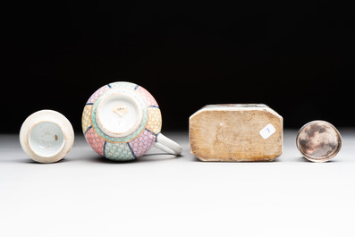 Three fine Chinese famille rose covered milk jugs and a grisaille and iron-red-decorated tea caddy with silver cover, Yongzheng/Qianlong